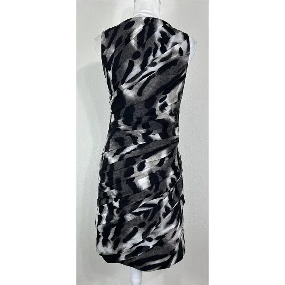 Ann Taylor Animal Print Ruched Sheath Dress Sleeveless Black Grey White Size 6 - Picture 4 of 14